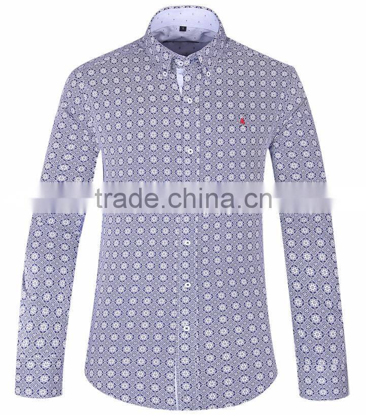 2017 men's long sleeve graphic printed slim fit shirt with contrast collar and cuff