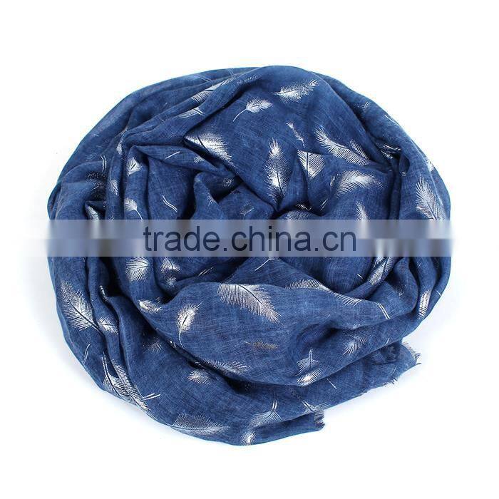 Cotton Polyester Blend Scarves & Wraps Rectangle Silver Blue Feather Scarf Wholesale