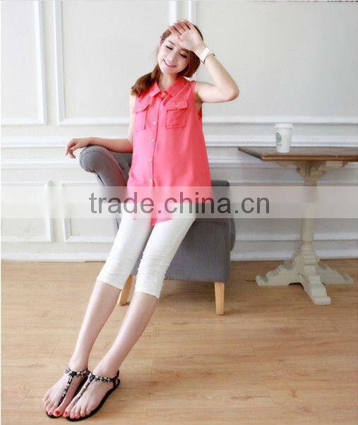 2015 Summer Women Sleeveless Chiffon Shirts plus size plain band middle aged t shirt