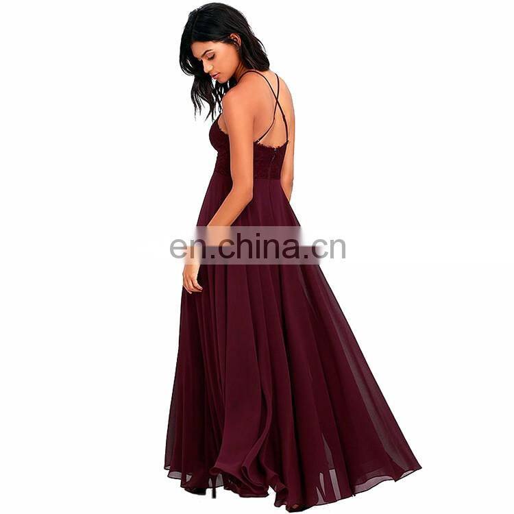 Elegant Strap Lace Bodice Burgundy Maxi Chiffon Lady Dresses Women's Wholesale Long Evening Dress