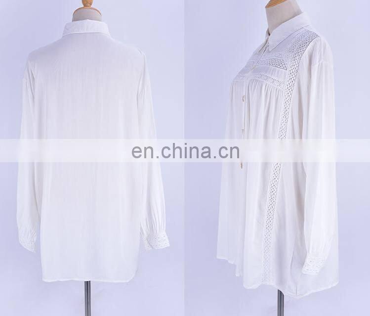 2019 White Cotton Shirt Ladies Sexy Hollow Out Turn Down Collar Bishop Sleeve Summer Beach Wear Women Tops and Blouse Tunic