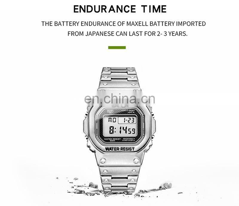 SANDA 390 Men Business Calendar Digital Watches Stainless Steel Week Display Back Light Waterproof Wristwatch