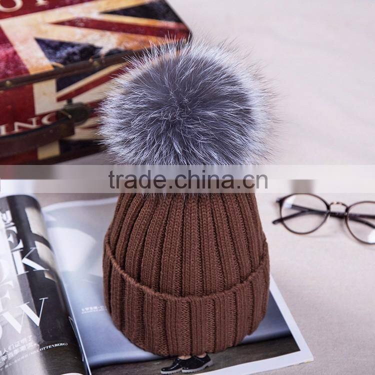 New Arrival Winter Fashion Girl Wool Knit Silver Fox Fur Hats