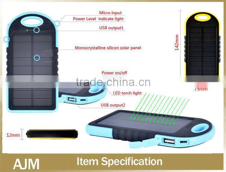 5000Mah waterproof solar charger for mobile phone