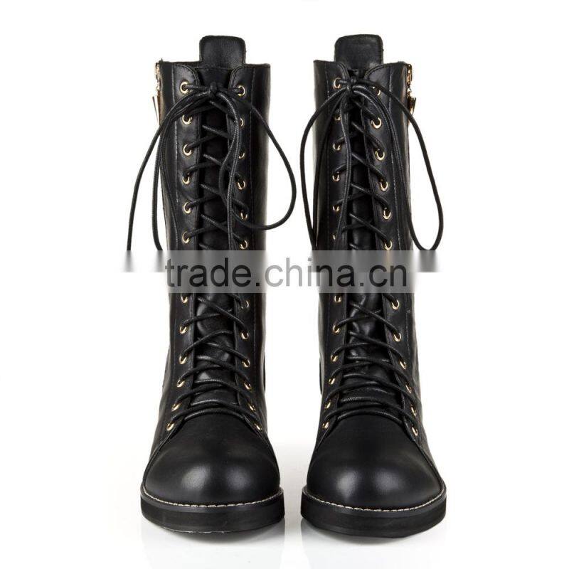 Fashion Ladies Black Real Leather Flat Heel Tie Up Half Boot