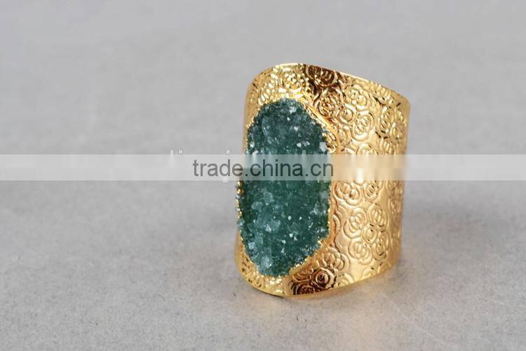 Golden hammered wide druzy ring cocktail ring adjustable band gemstone ring with stone