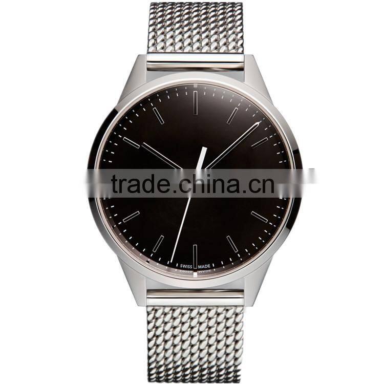 Brushed PVD steel stainless steel case watch waterproof 5ATM Date and Day function movement black nappa leather