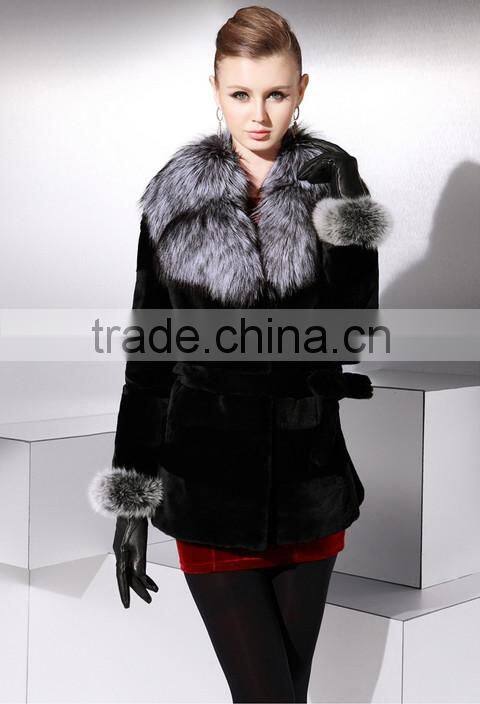 rex14049 rex rabbit fur coat with fox fur collar and cuffs black