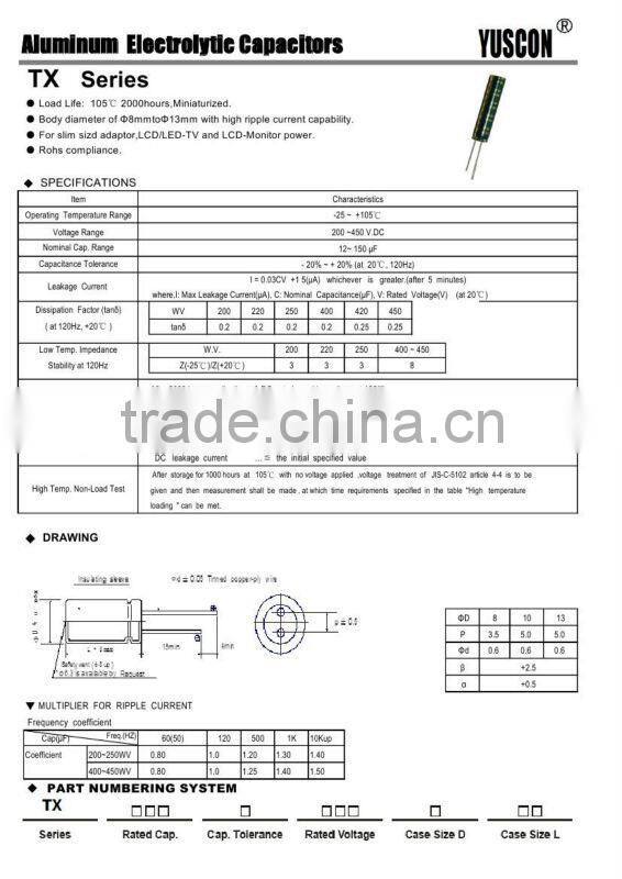 150uf 250v long life electrolytic capacitor