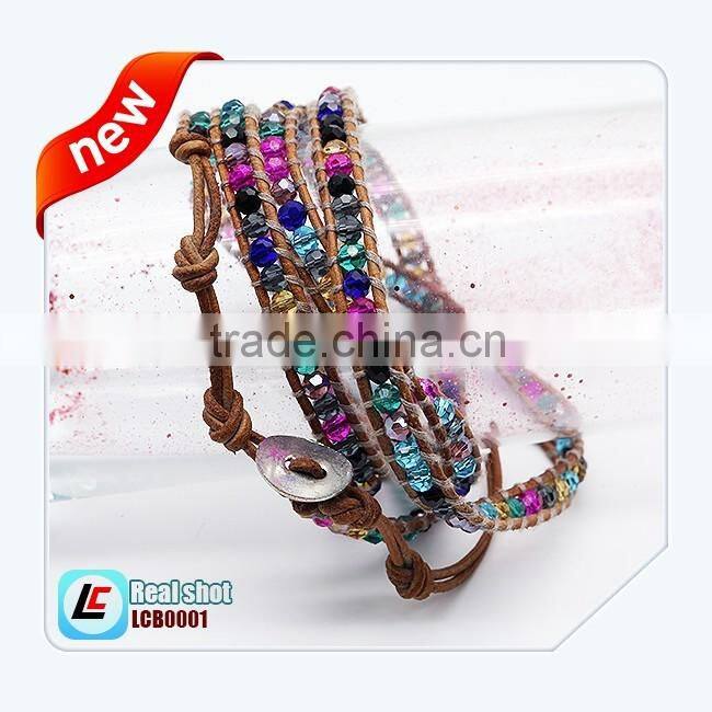 Latest Fashion Long Top Design Womens Leather Wraps Colorful Beads Bracelet