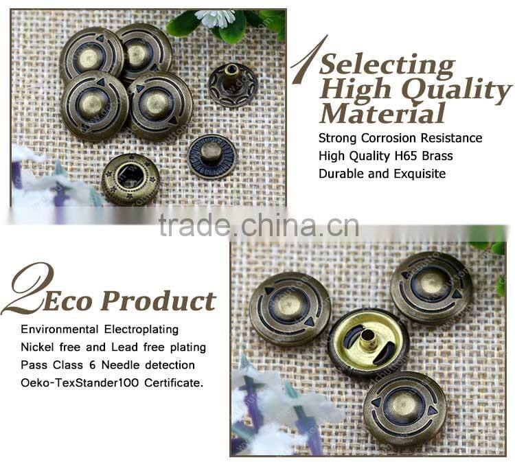 Fashion antique brass plating metal button four parts snap button for coat