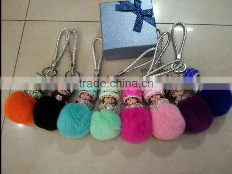 Wholesale New Designs Cute Multicolor Rhinestone Monchhichi Doll Rabbit Fur Ball Keychain