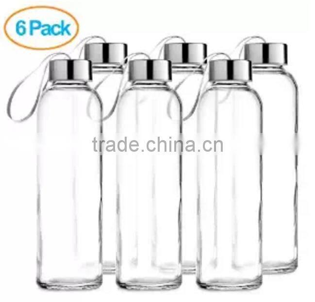 Glass water Bottle 6 Pack 18oz Stainless Steel Caps with Carrying Loops