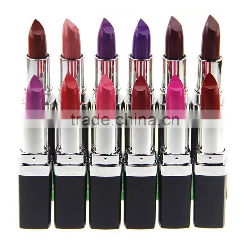 Fashion 12 color matte lipstick black tube purle red pink color longlasting waterproof lipstick