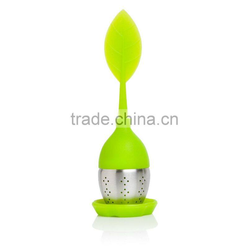 Shenzhen FDA approved leaf shaped food grade silicone tea strainer with drip tray best for loose leaf tea