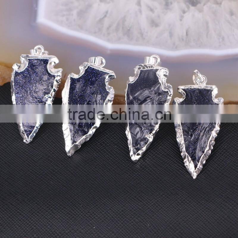 Arrowhead Pendant, Silver / Gold Plated Edged Blue Sand Gem stone Druzy Pendant, For Jewelry Making