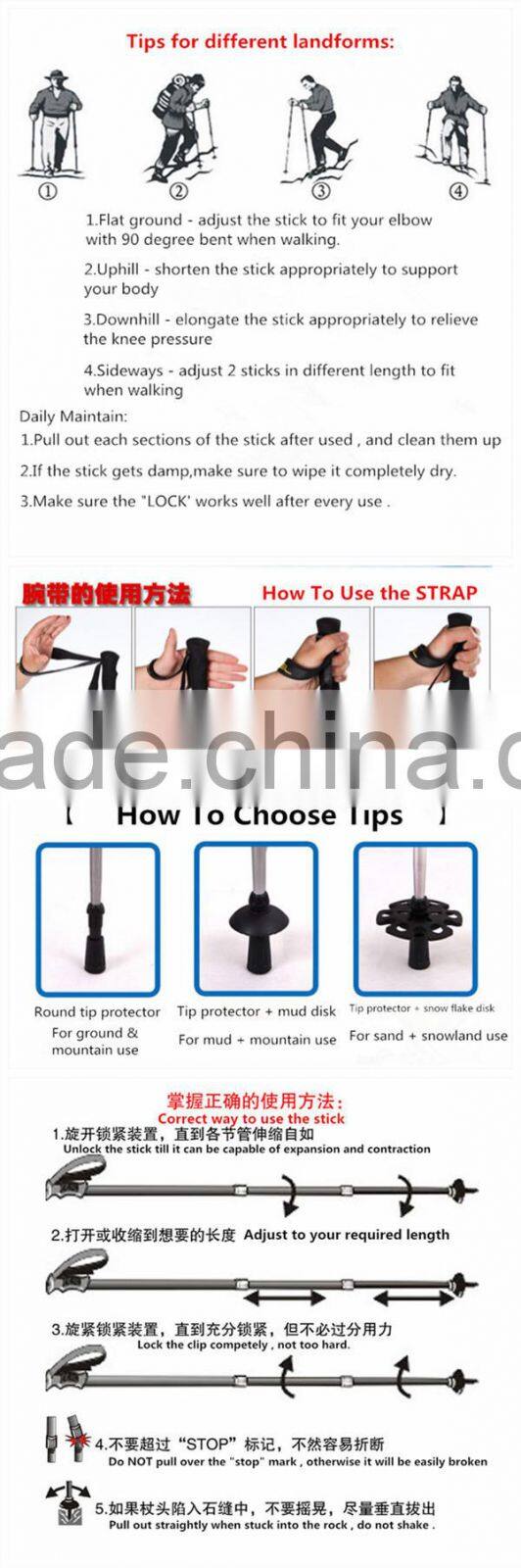 Adjustable outdoor for mountian climbing hiking stick