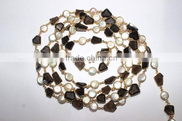 Smoky Quartz Fresh water Pearl Fancy Bezel Setting Chain
