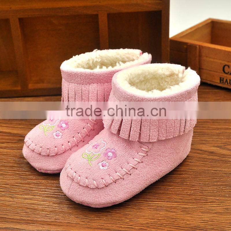 2016 Hot selling new design add plush warm baby winter leather boots shoes in bulk
