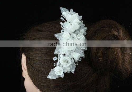 Bridal Handmade White Rose Fabric Crystal Hair Comb CT1394