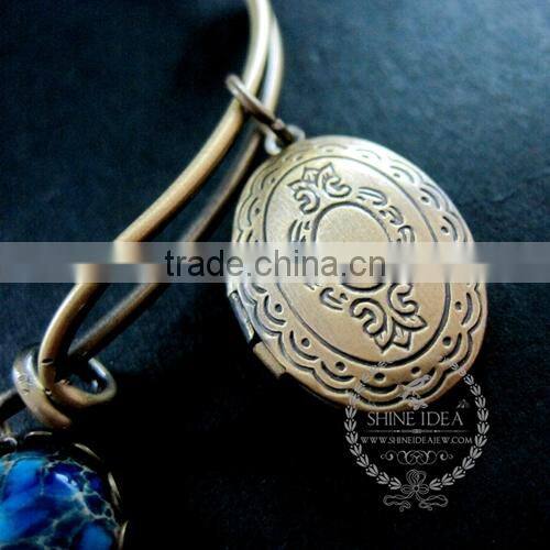 vintage bronze antiqued oval photo locket blue imperial jasper wish charms fashion women wiring bangle bracelet 6450032