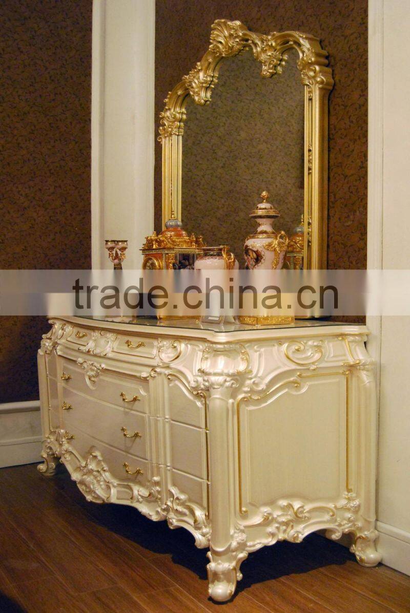 French Antique Wooden White Dining Table With Purple Fabric Dining Chair For 6 People / Luxury European Dining Room Furniture