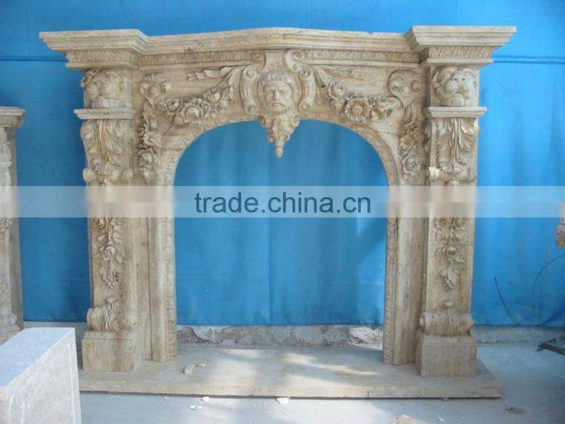 Beige Travertine Marble Fireplace Mantel Surrounding