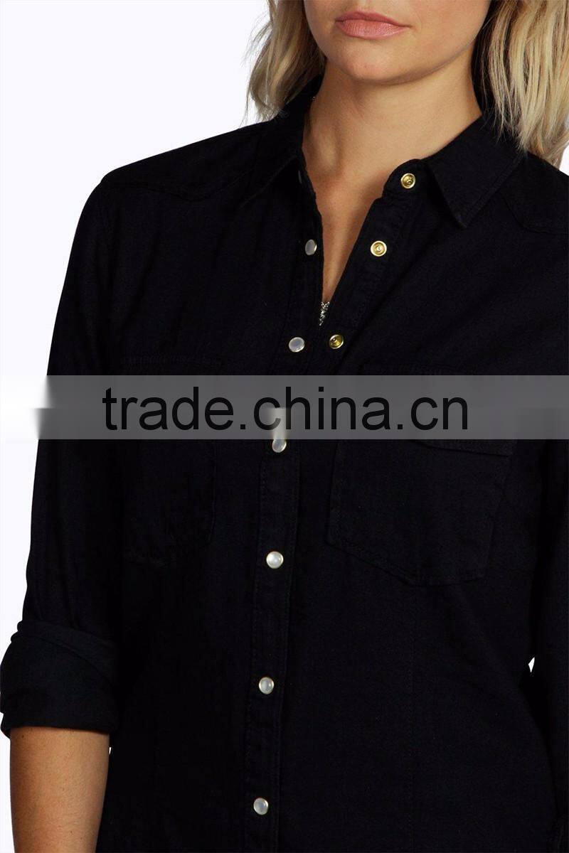 wholesale plain blank custom women black roll sleeve shirts slim fit denim jean shirts