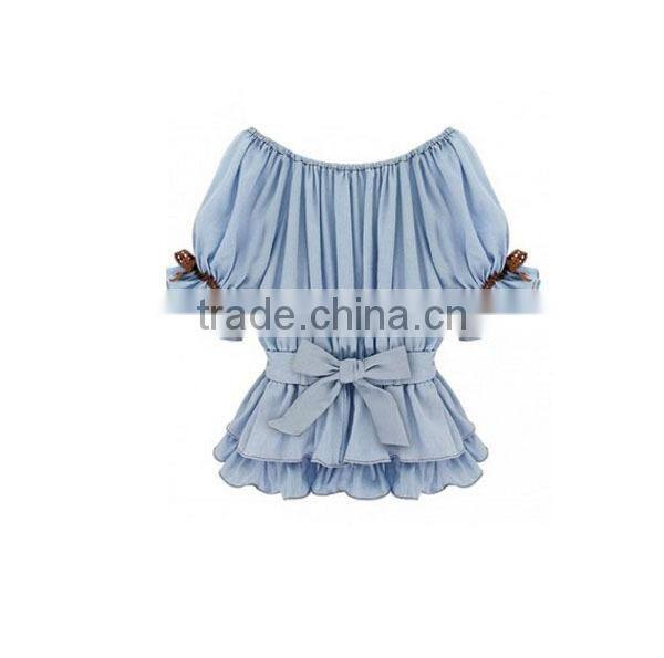Girls fairy blue jeans style peplum ruffle sleeve blouses China manuafacturer