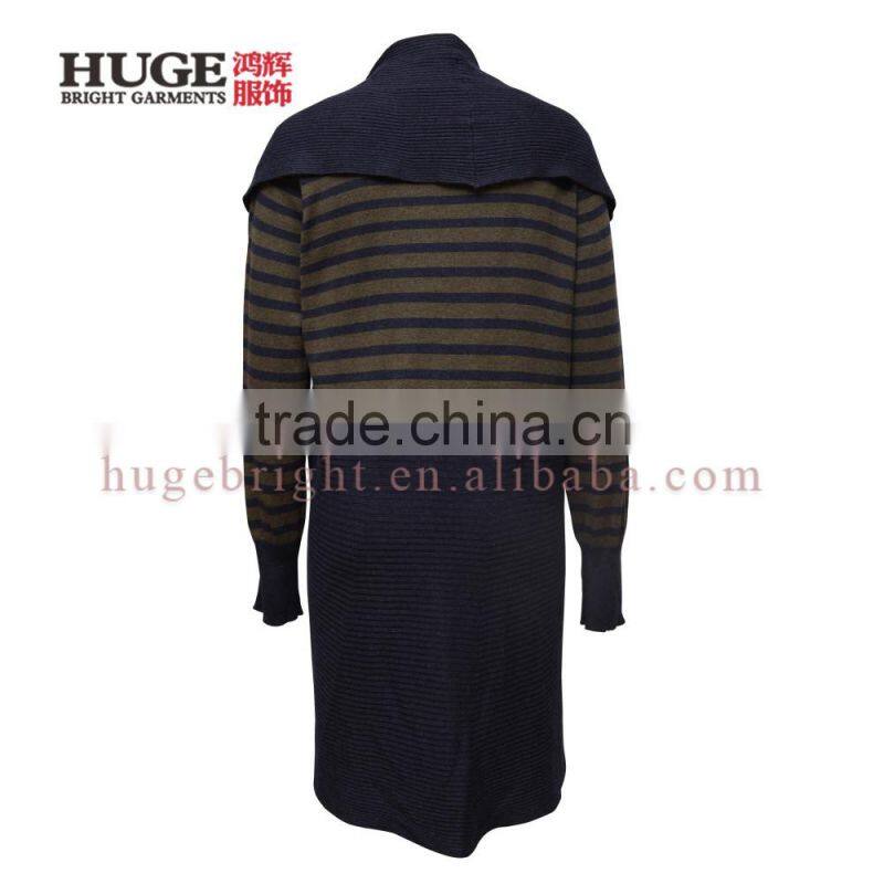 Women's striped maxi cardigan with extra-large shawl collar and long sleeves