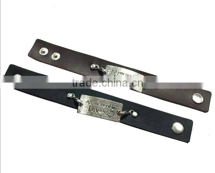 Brown/black color adjustable bracelets,inspirational words metal charm cuff bracelets,wide leather bracelet