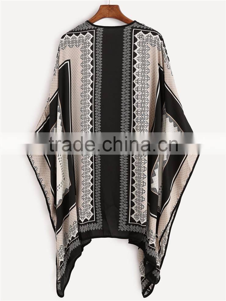 Custom Pattern Print Loose Black Tribal Print Kimono Open Front Capelet Ladies Beachwear Women