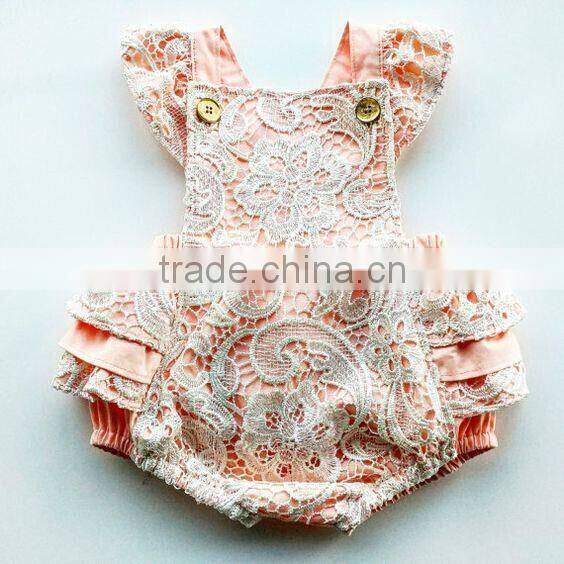 Baby Girls Peach Lace Ruffle Bubble Infant Toddlers Kids Boho Vintage Romper