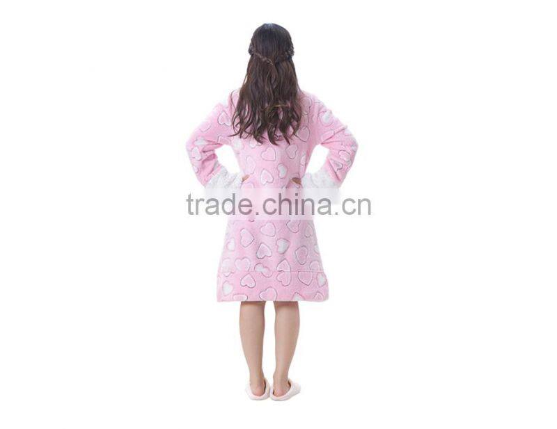 Popular Long Style Design Cute Girls and Women's Coral Fleece Night Skirt Hearted Bathrobe and with Round Collar