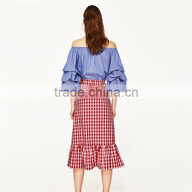 2017 OEM Spring Cute Pleated Vertical Stripes Off Shoulder Blouse