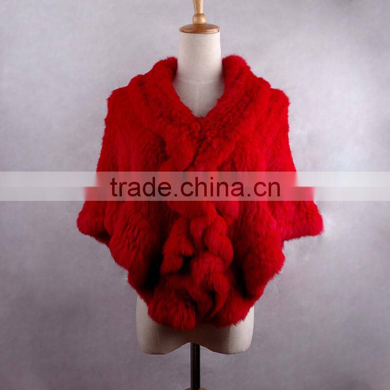 YR433 Women stretch real rabbit fur cape Thick Knit Top Quality Fur Shawl