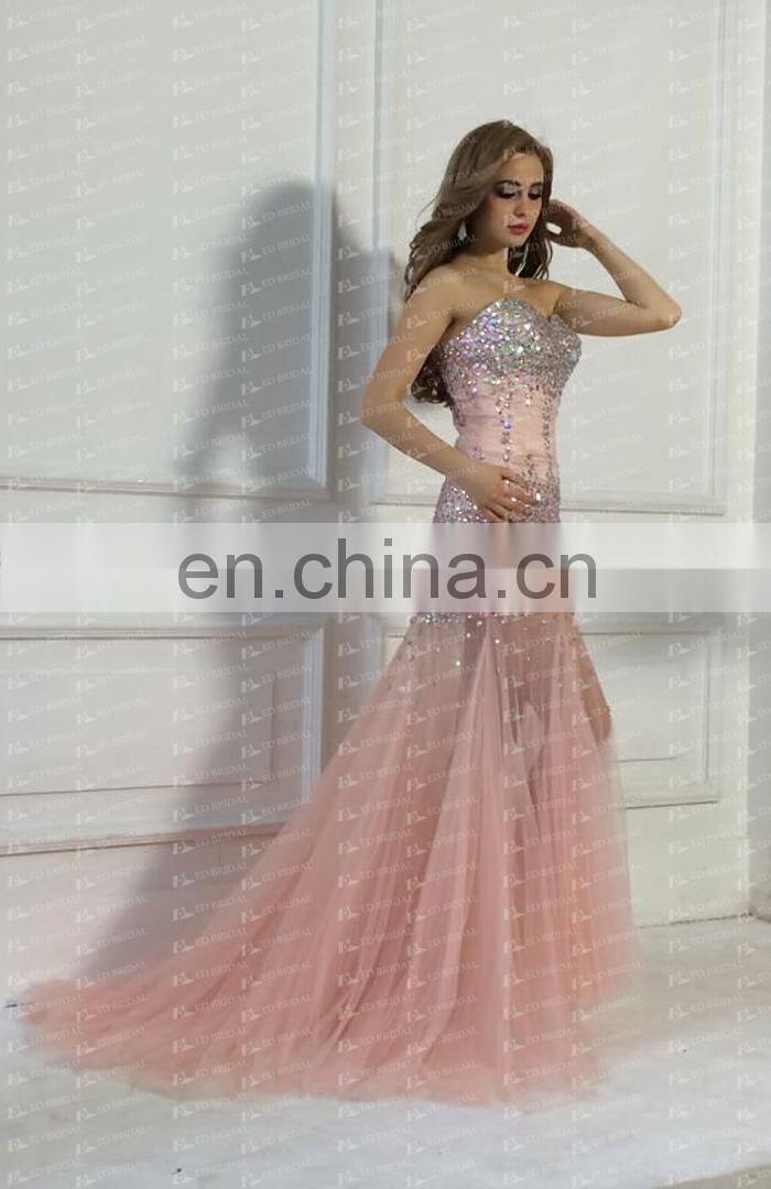 Real Sample Sweetheart Neckline Tulle Pink Sexy Beading Mermaid Prom Dress