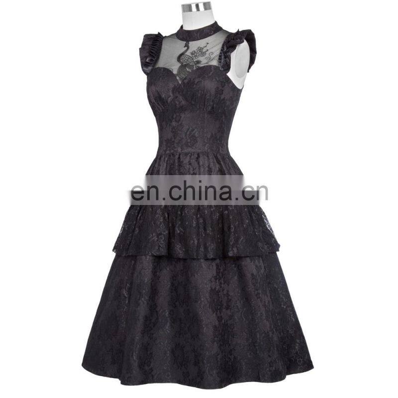 Belle Poque Retro Vintage Cap Sleeve High-Neck Sheer Bodice Black Lace Swing Dress BP000380-1