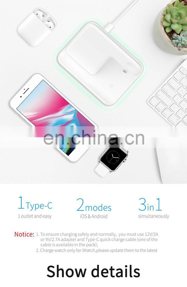 Newest 2020 shenzhen universal wireless charger usb hub fast sucker Watch mobile phone headset 3 in 1 in car wireless charger
