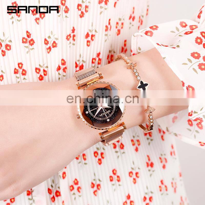 SANDA P1015 Best Mash Ladies Watch Analog Quartz Stainless Steel Starry Sky Business Office Lady Watch