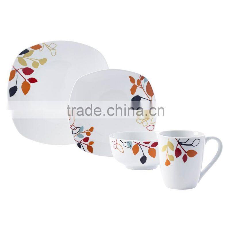 unbreakable square shape dinner plate set with cheap price porcelain square shape dinner set with decal