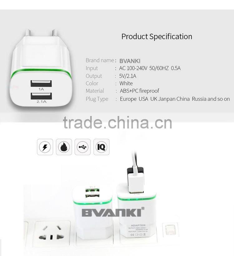 Universal 5V 2A EU AC Travel LED Light dual USB Wall Charger for iPhone 6 6S for Samsung Galaxy S5 S6 S7 Cell Phones Adapter