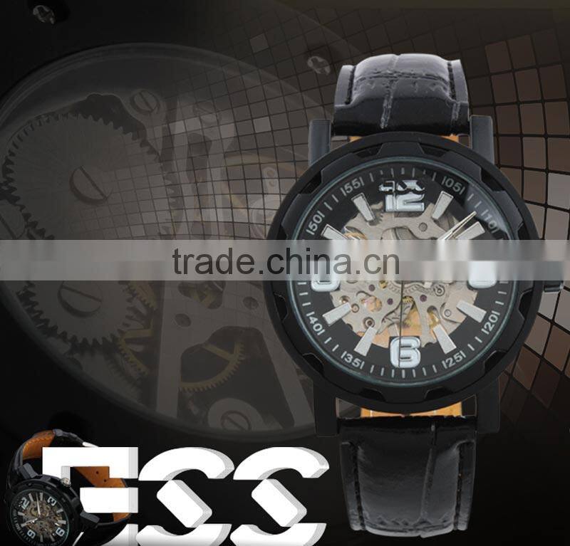 Brand Men's Black Luxury Skeleton Leather Mechanical Watch WM221-ESS