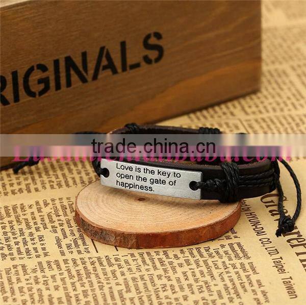 Vintage letters engraved with metal plate pu leather bracelet