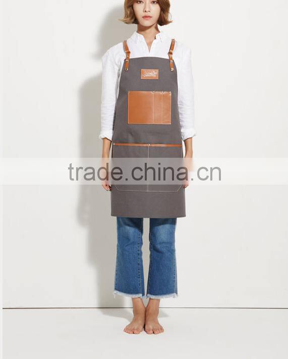Vintage Canvas Barista Apron, Ivory Canvas with Dark Brown Leather Strap Apron
