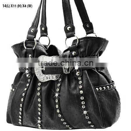 WESTERN RHINESTONE STUDDED BLACK OSTRICH LEATHER HANDBAG FACTORY