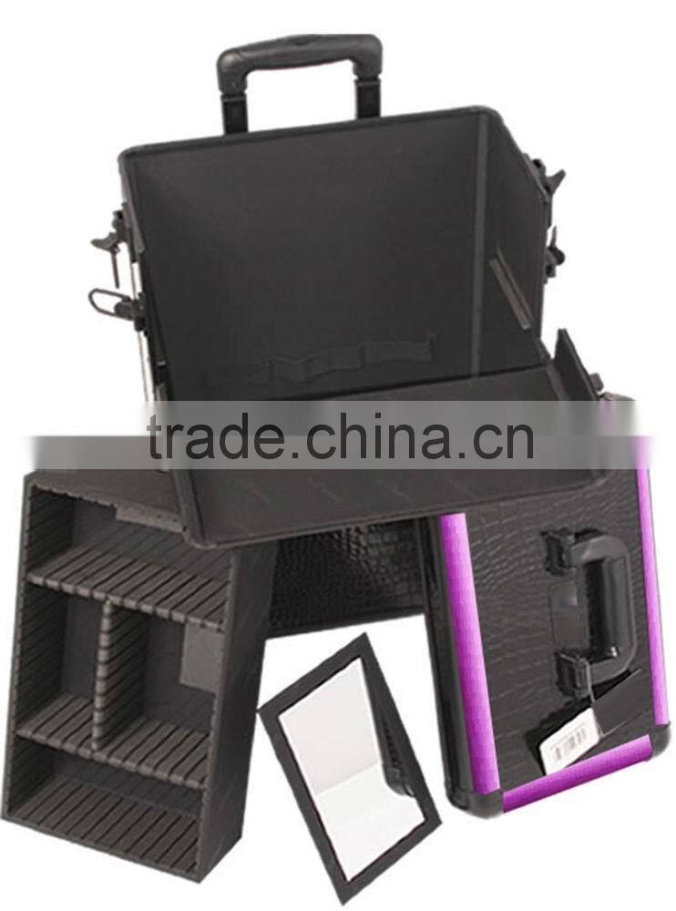 Black Makeup pro Rolling Trolley Case- Purple Trim, large storage & tray