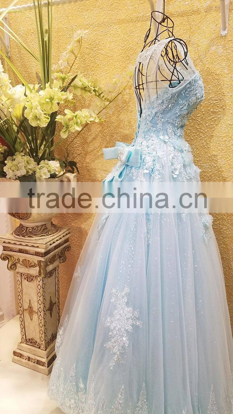 Free Shipping Real Sample Light Blue Beading Evening Dresses 2016 Crystal Flower Applique Open Back Bow Sash Party Gown ML183