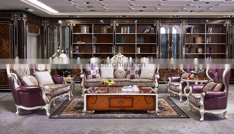 European Style Palace Princess Living Room Sofa Set, Elegant Purple Solid Wood with Leather Furniture Sofa (BF01-ML036)
