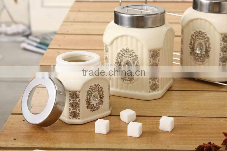 kitchen ceramic canister set storage jar with stainless metal lid & stand